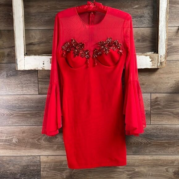 Ladies Red Sexy Flared Sleeve Sequined Cocktail Dress, Size Medium, Vintage - Picture 1 of 8